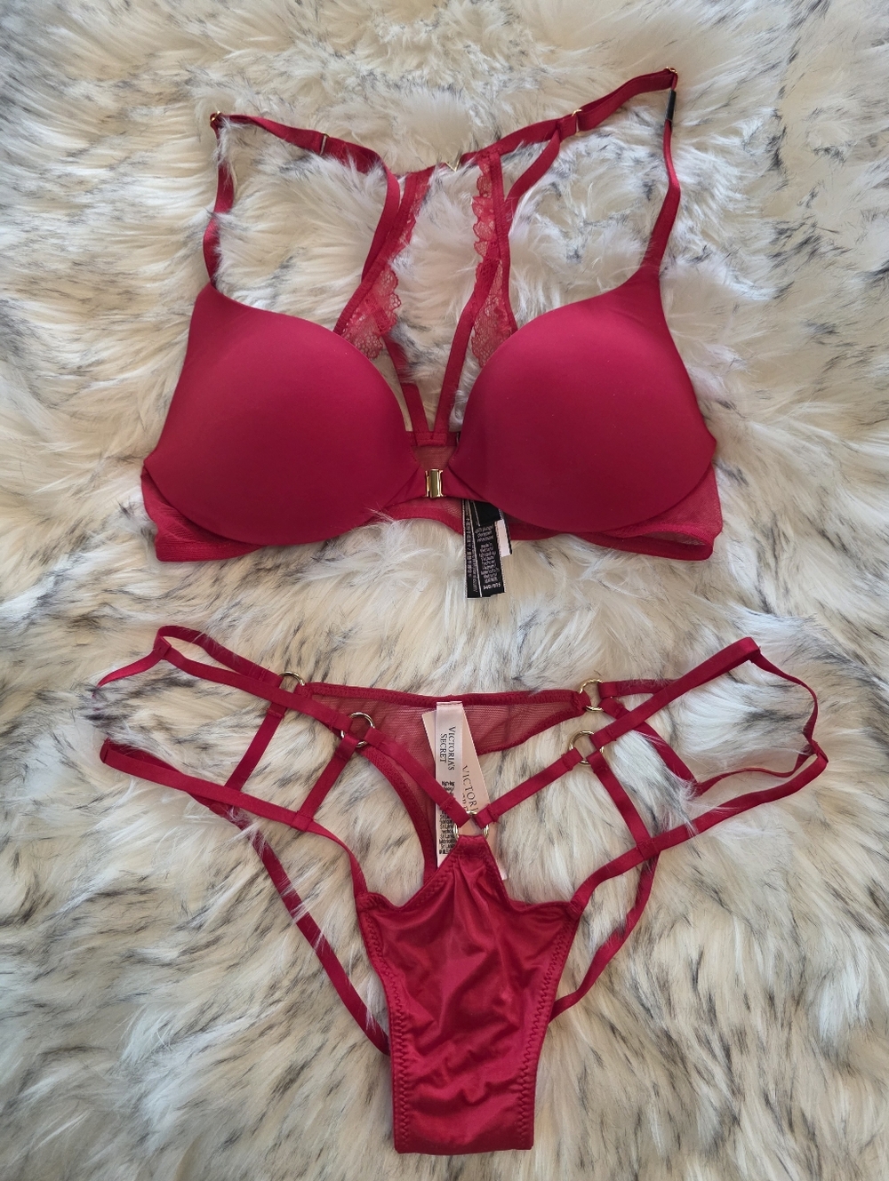 Victoria's Secret Red Angel Wing Back Strappy Bra Panty Set 34B M Gold Hardware